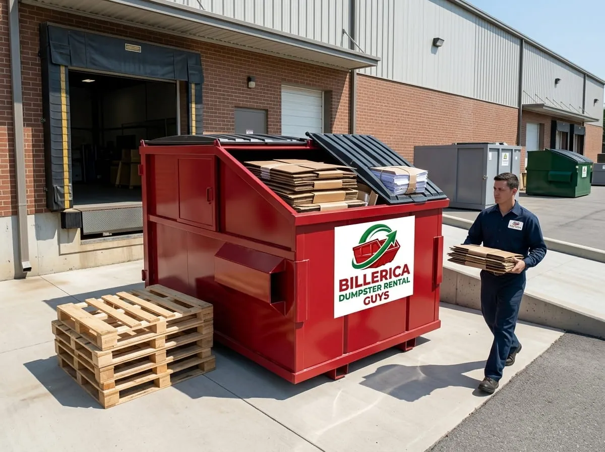 Worker beside a commercial roll-off dumpster from Billerica Dumpster Rental Guys in Billerica, MA