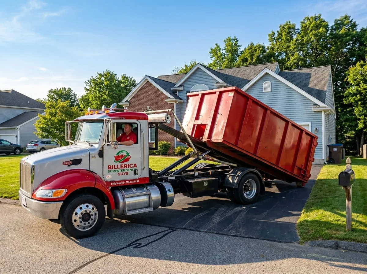 Billerica Dumpster Rental Guys truck delivering a roll-off dumpster to a Billerica MA driveway
