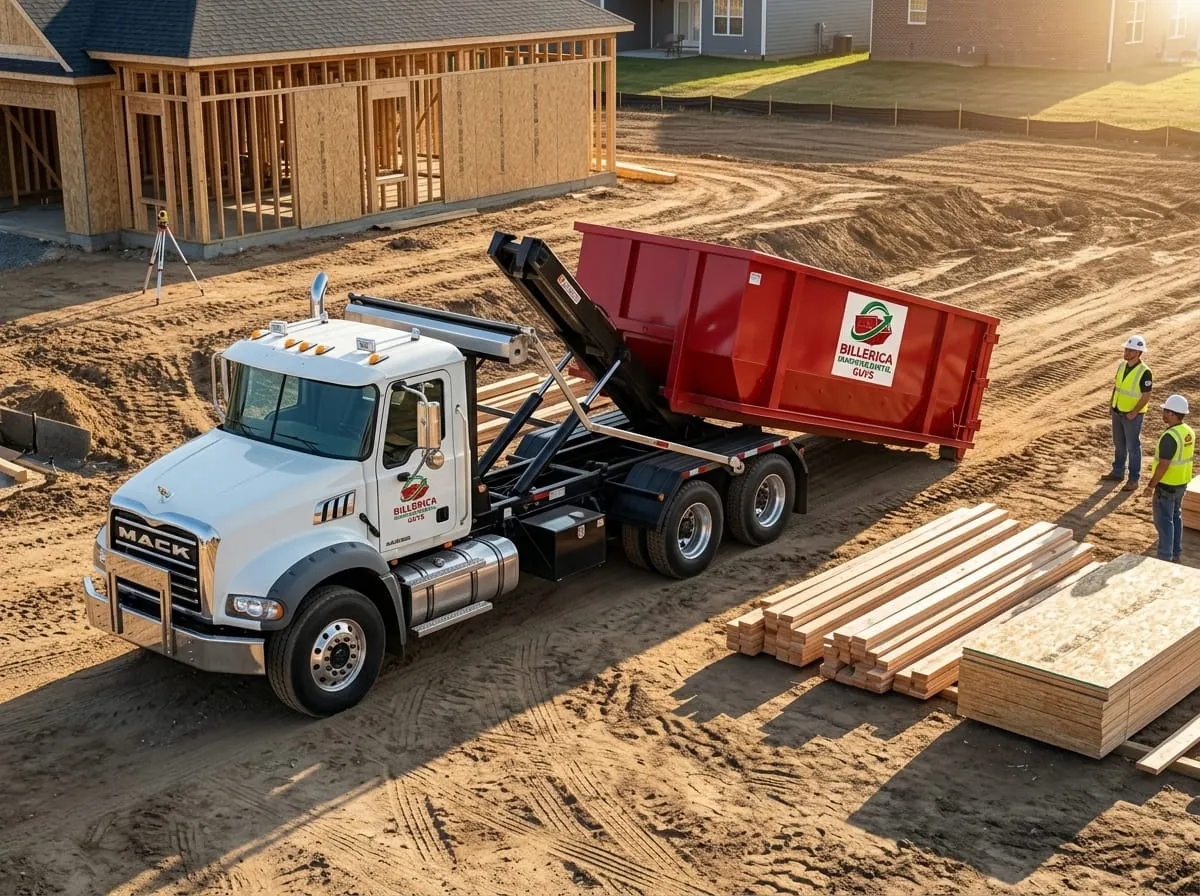 Roll-off construction dumpster being loaded onto a Billerica Dumpster Rental Guys truck
